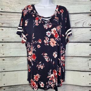 Maurices XXL Floral Criss Cross Tee Navy Red Stripe Sleeve Stretch Top